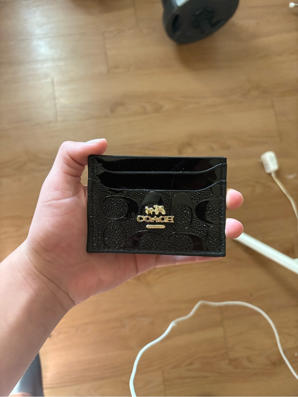 Coach Black Patent Signature Card Holder with Gold Logo